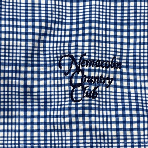 DONALD ROSS Mens Sz L Blue White Plaid Short Sleeve Golf Polo Shirt Nemacolin CC - Picture 2 of 9
